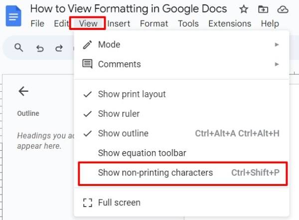 view formatting in Google Docs