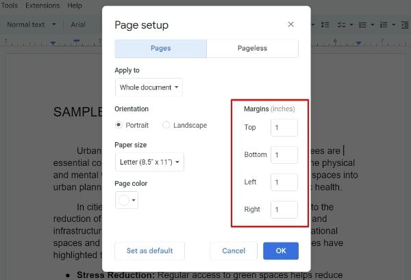 format margins in Google Docs