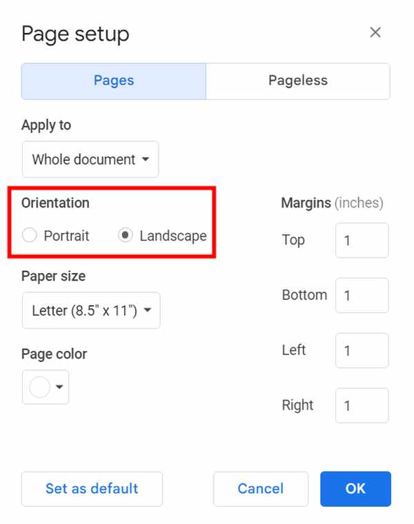 change page orientation in google docs