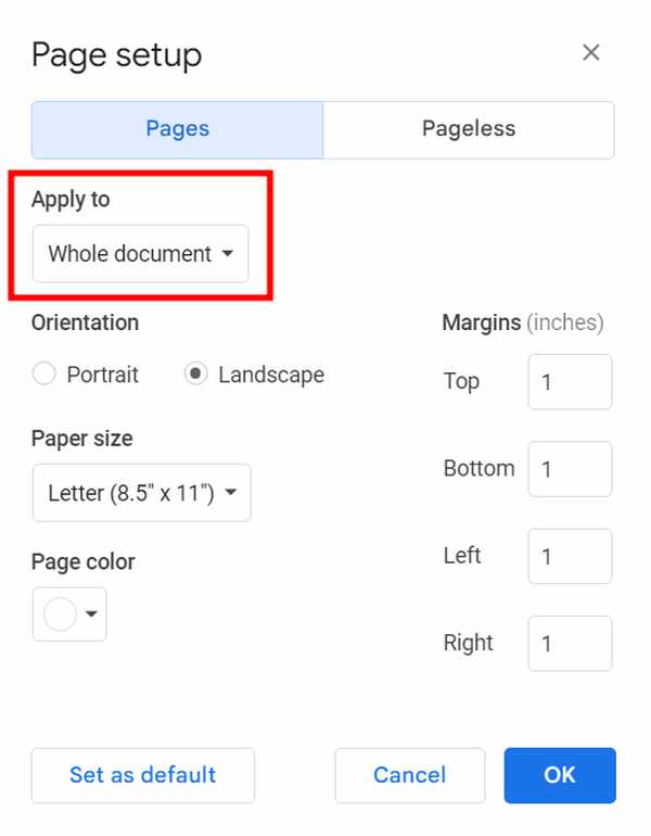 how to change orientation of one page in google docs