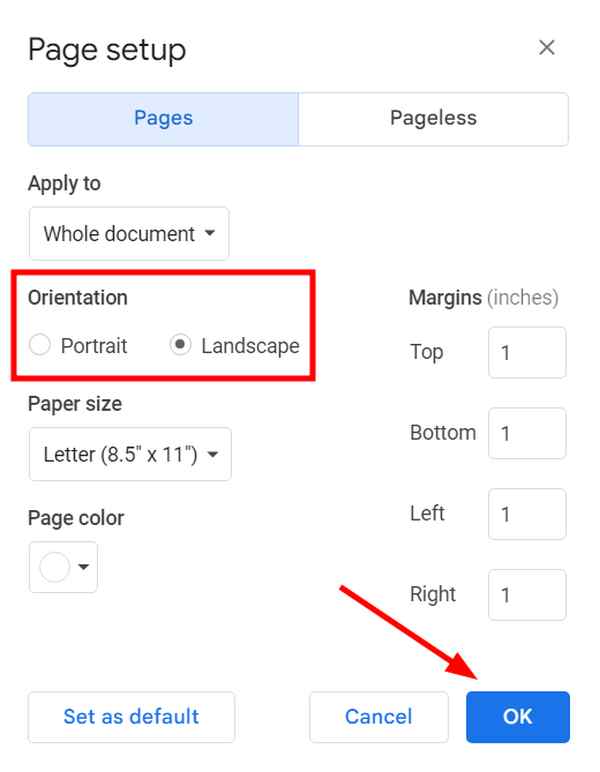 google docs print horizontally 