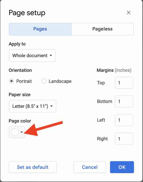 how to change the color of the background in Google Docs