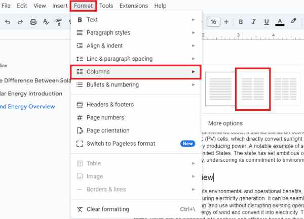 split landscape page in half google docs