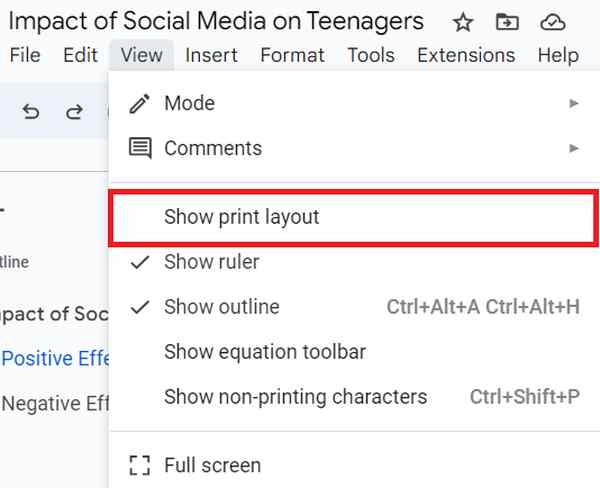 turn on print layout in Google Docs