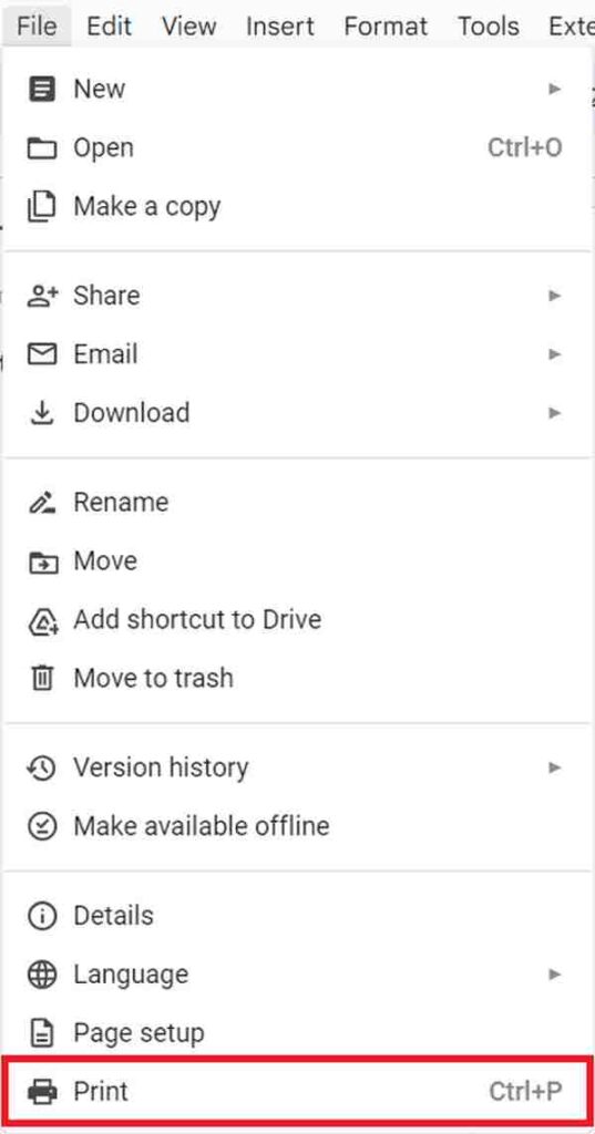 set print area in Google Docs