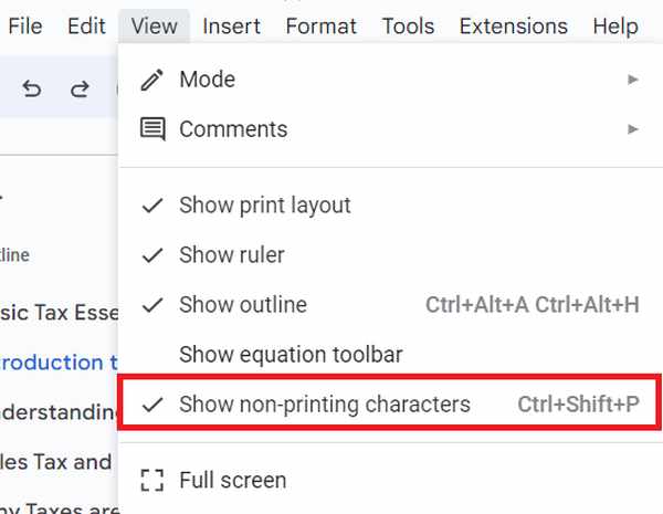 show non printing characters in google docs