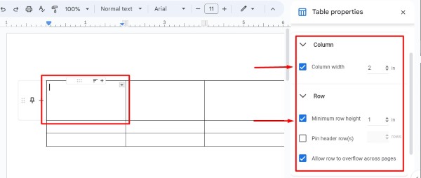 how to reduce table size in Google Docs