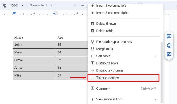 how to fill color in Google Docs table