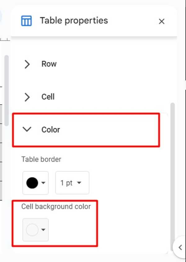 how to fill a table with color in Google Docs