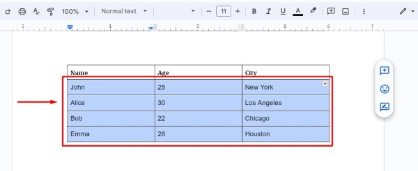 how to highlight table in Google Docs