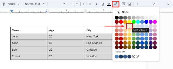 highlight a table in Google Docs