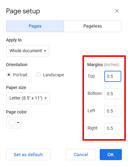 how to decrease margins in Google Docs