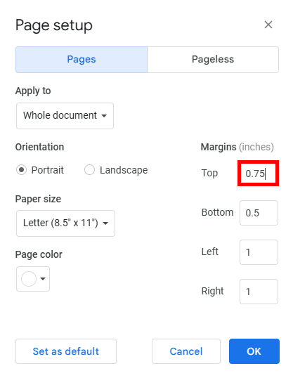 how to change top and bottom margins in Google Docs