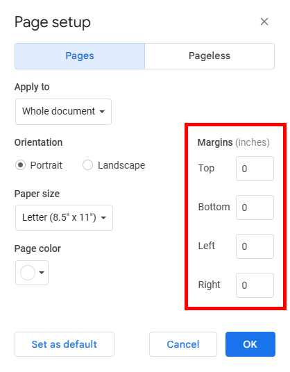 Google Docs remove margins