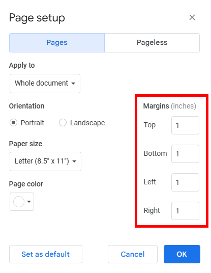 how to reset Google Docs margins