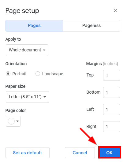 reset margins Google Docs