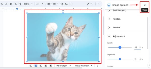 how to make image transparent in Google Docs