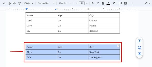 Google Docs merge tables