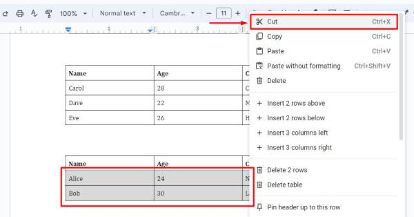 merge tables in Google Docs