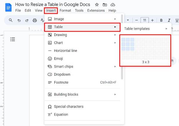 how to resize a table in Google Docs