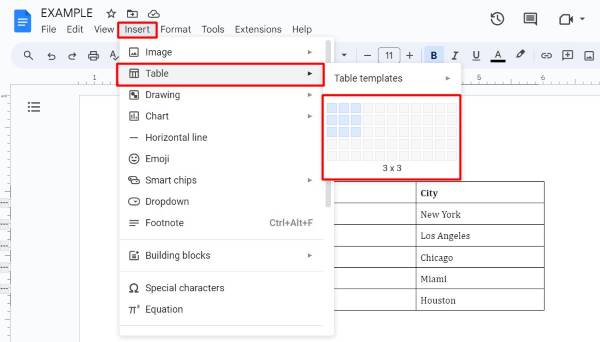 how to separate a table in Google Docs