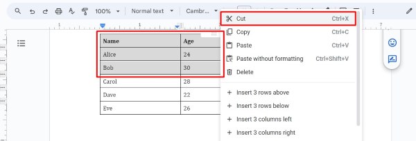 how to separate tables in Google Docs