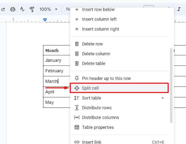 how to split table in Google Docs