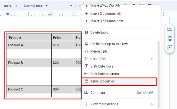 how to make table cells the same size in Google Docs