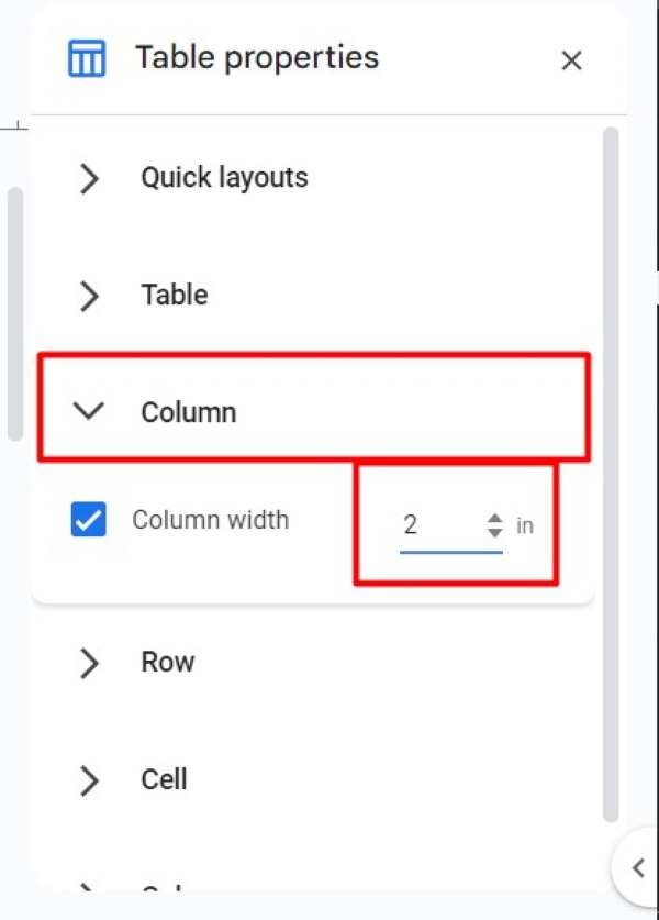 make table cells the same size in Google Docs