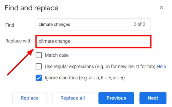 google docs find and replace word