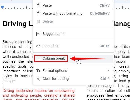 how to insert column break in google docs