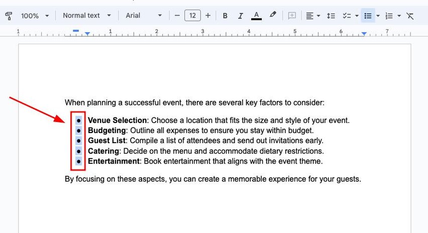 google docs smaller bullet points