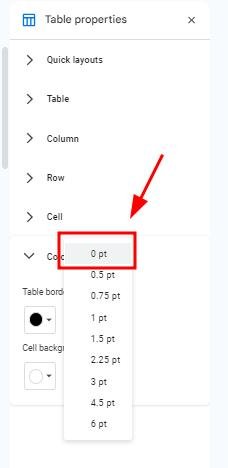 show bottom border of table only in google docs