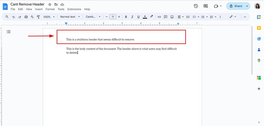 google docs header can't remove