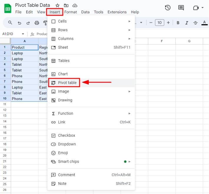 google docs pivot table setup