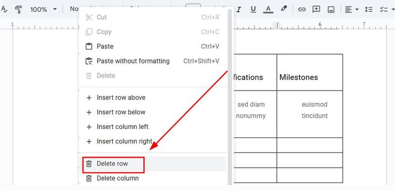 how do i delete a row on google docs