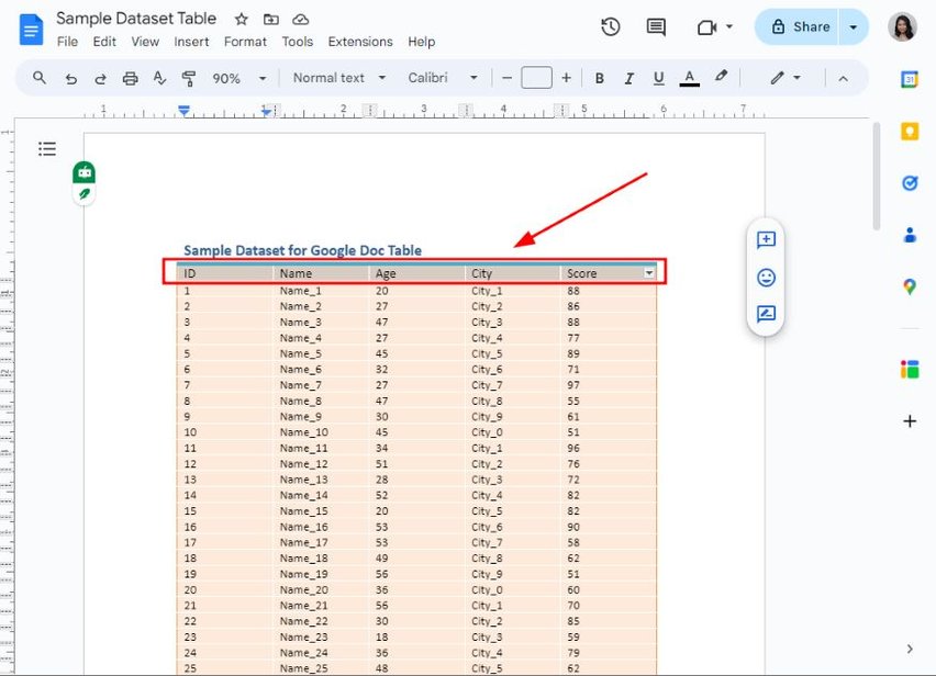 freeze row table google docs