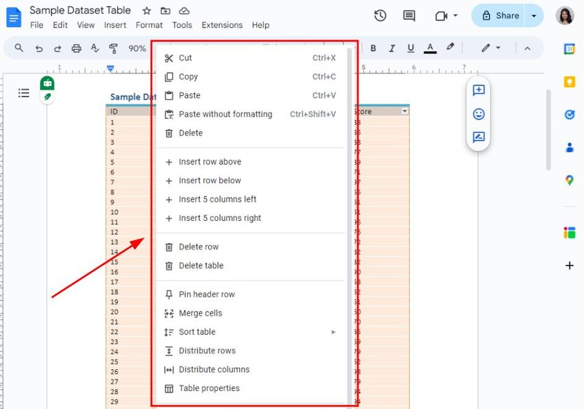 google docs freeze row table