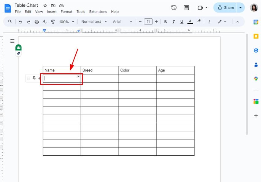 template table chart google docs