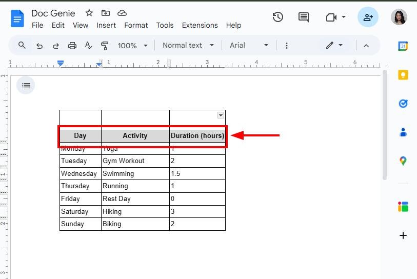 center vertically table google docs