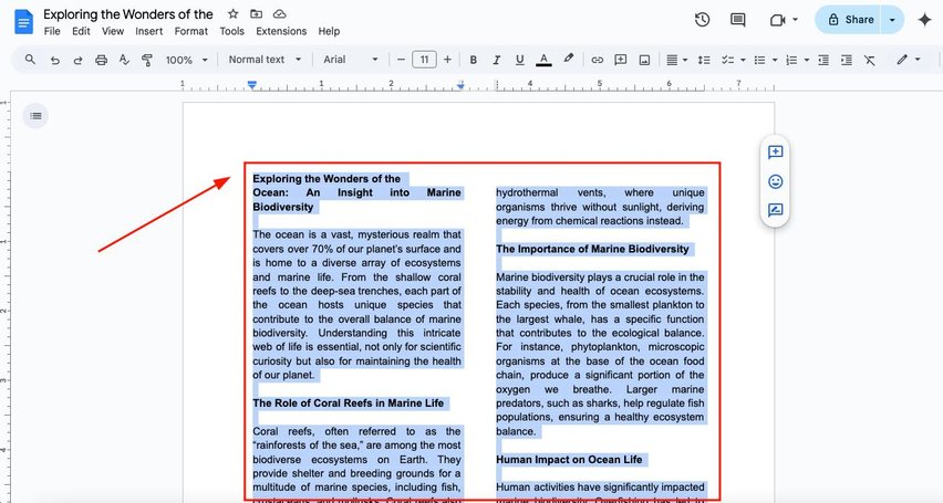 how to make columns in google docs the same size