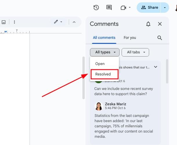how to find resolved comments google docs